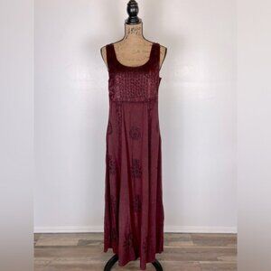 Holy Clothing Embroidered Boho Maxi Dress Sz L Maroon Renaissance Hippie Peasant